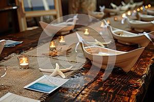 rustic table with burlap runners, starfish escort cards, and tealight boats