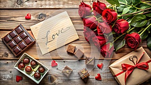 Rustic table with chocolates, red roses, and handwritten notes