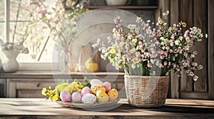 A rustic table with Easter eggs and vibrant flowers in wicker baskets