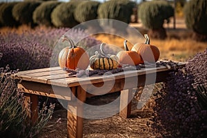 Rustic table with four pumpkins placed on it against a backdrop of a beautiful lavender field.