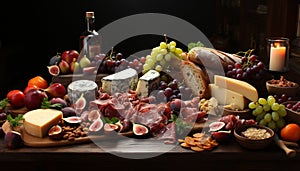 Rustic table, gourmet meal bread, cheese, meat, wine generated by AI