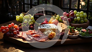 Rustic table, gourmet meal wine, prosciutto, bread, cheese, fruit generated by AI