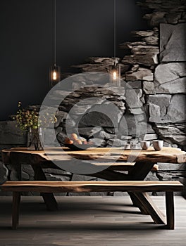 Rustic table made from solid natural aged wood slab on stones rubbles. Interior design of modern dining room with wild stone wall