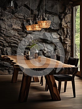 Rustic table made from solid natural aged wood slab on stones rubbles. Interior design of modern dining room with wild stone wall