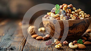 a rustic table setting with assorted nuts and dried fruits in a wooden bowl perfect for a healthy snack, providing space