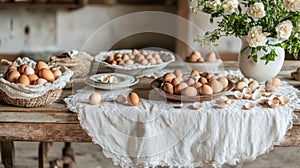 Rustic Table Setting with Brown Eggs and White Flowers