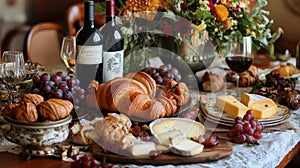 A Rustic Table Setting with Croissants, Cheese, Grapes, and Wine