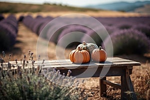 Rustic table with three pumpkins placed on it against a backdrop of a beautiful lavender field.