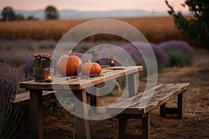 Rustic table with two pumpkins placed on it against a backdrop of a beautiful lavender field.