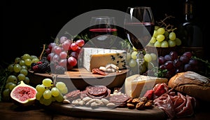 A rustic table with a variety of gourmet cheeses and wine generated by AI