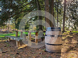 Rustic Table and Wooden Cask