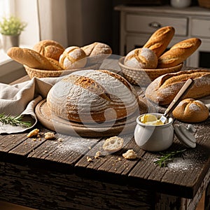 A rustic tabletop scene features an assortment of freshly baked bread