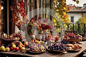 a rustic terrace filled with pots with autumn flowers and a vine full of red leaves and bunches of grapes.