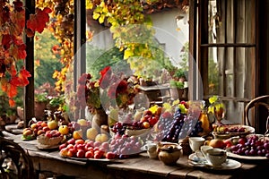 a rustic terrace filled with pots with autumn flowers and a vine full of red leaves and bunches of grapes.