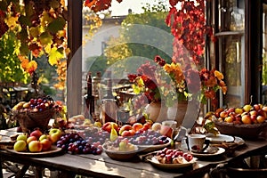 a rustic terrace filled with pots with autumn flowers and a vine full of red leaves and bunches of grapes.