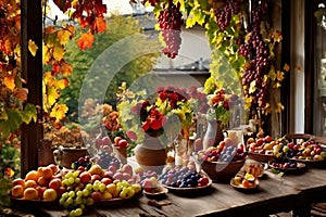 a rustic terrace filled with pots with autumn flowers and a vine full of red leaves and bunches of grapes.