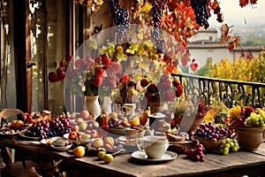 a rustic terrace filled with pots with autumn flowers and a vine full of red leaves and bunches of grapes.