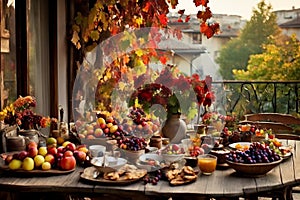 a rustic terrace filled with pots with autumn flowers and a vine full of red leaves and bunches of grapes.