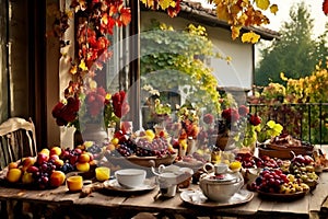 a rustic terrace filled with pots with autumn flowers and a vine full of red leaves and bunches of grapes.