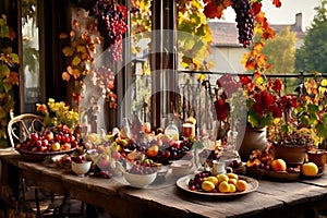 a rustic terrace filled with pots with autumn flowers and a vine full of red leaves and bunches of grapes.