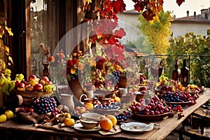 a rustic terrace filled with pots with autumn flowers and a vine full of red leaves and bunches of grapes.