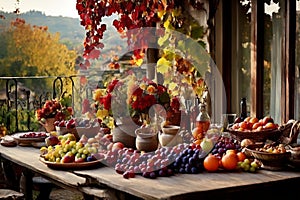 a rustic terrace filled with pots with autumn flowers and a vine full of red leaves and bunches of grapes.