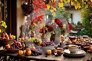 a rustic terrace filled with pots with autumn flowers and a vine full of red leaves and bunches of grapes.