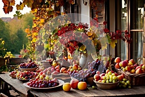 a rustic terrace filled with pots with autumn flowers and a vine full of red leaves and bunches of grapes.