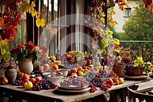 a rustic terrace filled with pots with autumn flowers and a vine full of red leaves and bunches of grapes.