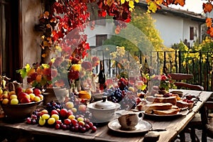 a rustic terrace filled with pots with autumn flowers and a vine full of red leaves and bunches of grapes.