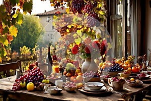 a rustic terrace filled with pots with autumn flowers and a vine full of red leaves and bunches of grapes.