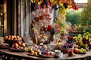 a rustic terrace filled with pots with autumn flowers and a vine full of red leaves and bunches of grapes.