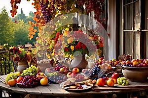 a rustic terrace filled with pots with autumn flowers and a vine full of red leaves and bunches of grapes.