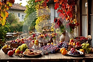 a rustic terrace filled with pots with autumn flowers and a vine full of red leaves and bunches of grapes.