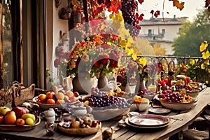 a rustic terrace filled with pots with autumn flowers and a vine full of red leaves and bunches of grapes.