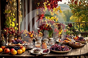 a rustic terrace filled with pots with autumn flowers and a vine full of red leaves and bunches of grapes.