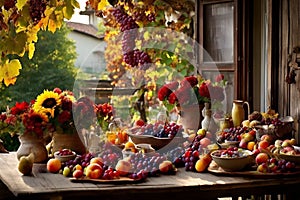 a rustic terrace filled with pots with autumn flowers and a vine full of red leaves and bunches of grapes.