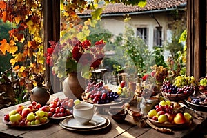 a rustic terrace filled with pots with autumn flowers and a vine full of red leaves and bunches of grapes.