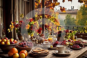 a rustic terrace filled with pots with autumn flowers and a vine full of red leaves and bunches of grapes.