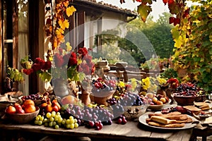 a rustic terrace filled with pots with autumn flowers and a vine full of red leaves and bunches of grapes.