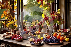 a rustic terrace filled with pots with autumn flowers and a vine full of red leaves and bunches of grapes.