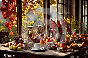 a rustic terrace filled with pots with autumn flowers and a vine full of red leaves and bunches of grapes.