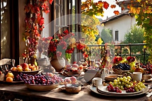 a rustic terrace filled with pots with autumn flowers and a vine full of red leaves and bunches of grapes.