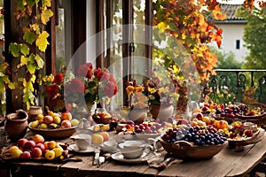 a rustic terrace filled with pots with autumn flowers and a vine full of red leaves and bunches of grapes.