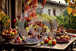 a rustic terrace filled with pots with autumn flowers and a vine full of red leaves and bunches of grapes.