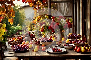 a rustic terrace filled with pots with autumn flowers and a vine full of red leaves and bunches of grapes.