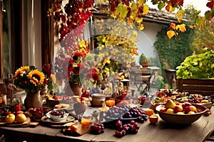 a rustic terrace filled with pots with autumn flowers and a vine full of red leaves and bunches of grapes.