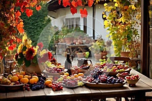 a rustic terrace filled with pots with autumn flowers and a vine full of red leaves and bunches of grapes.