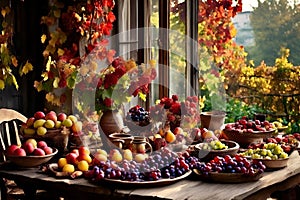 a rustic terrace filled with pots with autumn flowers and a vine full of red leaves and bunches of grapes.