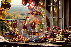 a rustic terrace filled with pots with autumn flowers and a vine full of red leaves and bunches of grapes.